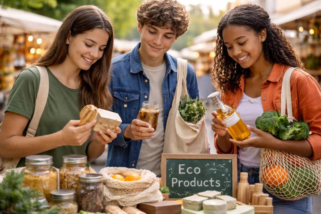 Consumo consciente en el mercado, eligiendo fruta y productos ecológicos