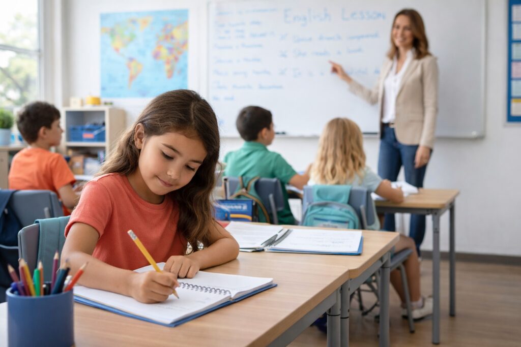 alumnos en aula de educación primaria con profesor en clase en centro educativo