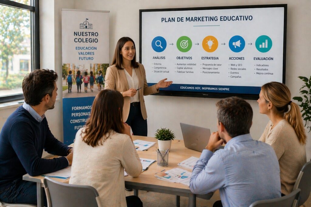 equipo directivo y de marketing trabajando en plan de marketing educativo